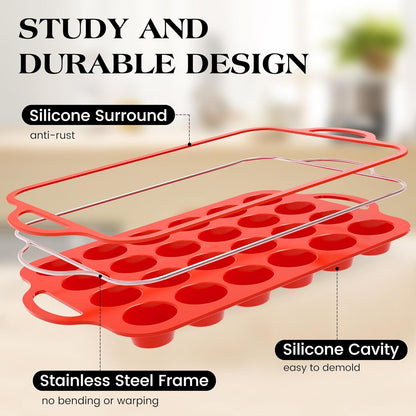 Silicone Mini Muffin Pan With Stainless Steel Reinforced Frame 24 Cups Nonstick Cupcake Molds for Baking Silicone Muffin Tray with Handles(1 Pc, Red)