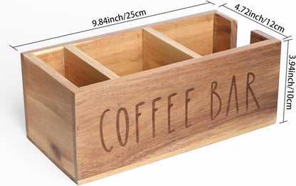 Acacia Wood Station Organizer,Coffee Station Organizer for Cup Lid Stirrers Pod, Disposable Coffee Cup Holder, Farmhouse Accessories Decor, Brown Labeled COFFEE BAR