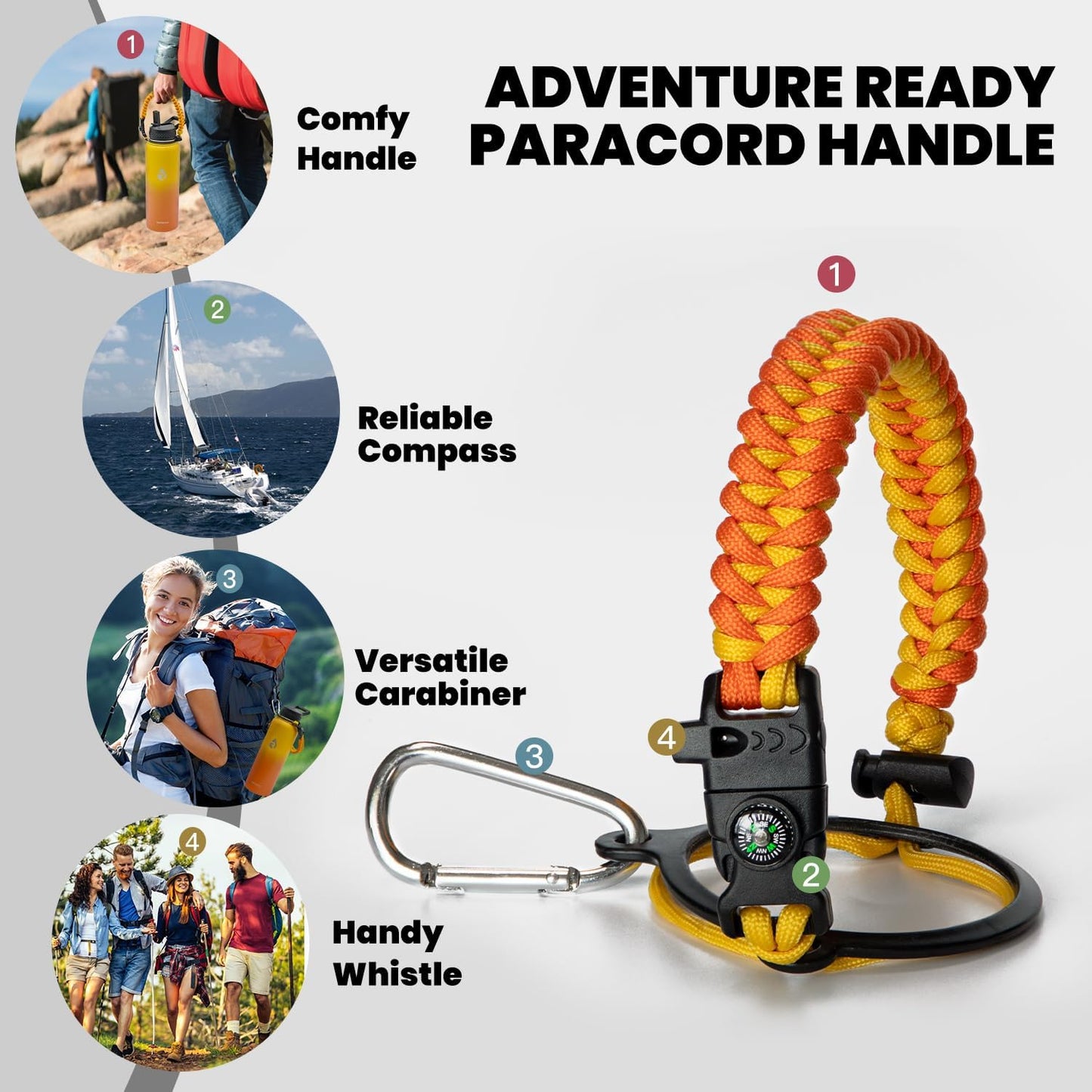 Insulated Water Bottle 40 oz, Triple Wall Vacuum Stainless Steel (Cold for 48 Hrs), Leak Proof & Non-BPA, Modern Water Flask Jug with Paracord Handle & Straw Spout Lids, Ombre Orange