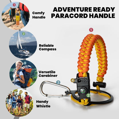 Insulated Water Bottle 40 oz, Triple Wall Vacuum Stainless Steel (Cold for 48 Hrs), Leak Proof & Non-BPA, Modern Water Flask Jug with Paracord Handle & Straw Spout Lids, Ombre Orange