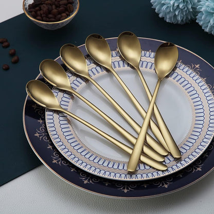 Gold Long Handle Coffee Spoons, Premium Stainless Steel Stirrers for Ice Tea, Ice Cream, Cocktails - Set of 6