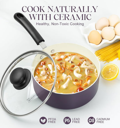 MICHELANGELO Nonstick Sauce Pan with Lid, Ceramic Saucepan Set, Non Toxic Small Saucepans Sets with Stay-Cool Handle, Induction Pots For Cooking, PTFE & PFOA Free - 1Qt & 2Qt & 3Qt, Purple