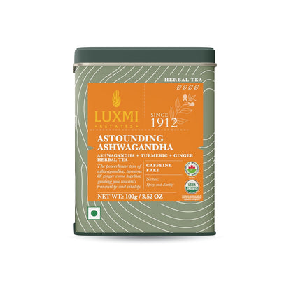 Luxmi Estates - Astounding Ashwagandha - Organic Loose Leaf Tea - 100g (50 Cups) | With Ashwagandha, Turmeric, Ginger, Lemongrass & More | Perfect Stress Relief Tea