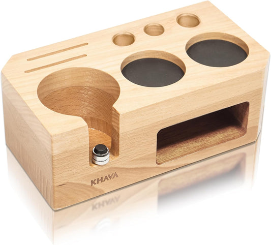 KHAVA Espresso Tamping Station | Wooden Coffee Tamper Station 51-54 mm | Espresso Organizer Portafilter Holder | Coffee Station Organizer for Countertop | Espresso Accessories for Coffee Bar, Natural