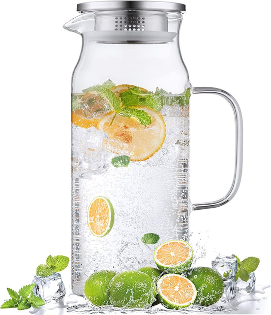 2 Liter 68 oz Glass Pitcher with Lid and Spout, Bivvclaz Glass Carafe for Hot/Cold Water, Large Iced Tea Pitcher for Coffee, Juice and Homemade Beverage
