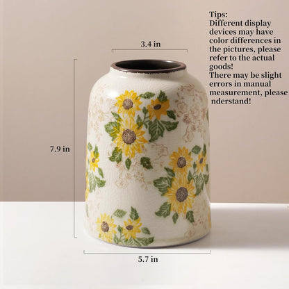Vintage Ceramic Vase, 7.9 Inch Chinoiserie Sunflower Yellow Floral Vases, Retro Ice Cracked Rustic Antique Flower Vases for Modern Coffee Table Home Decor (Medium Cylinder)