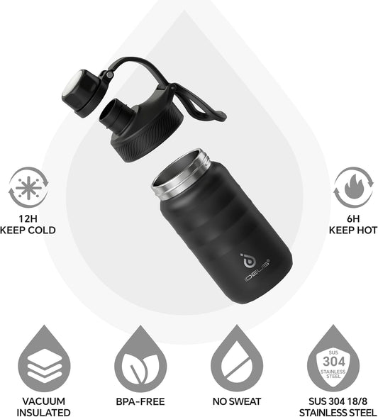 IDEUS Insulated Water Bottle 12oz, Stainless Steel Insulated Water Bottle For School, Insulated Bottles With Straws Leakproof, Vacuum Double Wall Water Bottles For Boys And Girls With 2 Lids, BPA Free