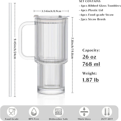 INSETLAN 26oz Ribbed Glass Tumbler with Handle & Lid – 4-Pack Large Iced Coffee Cups with Straws, Modern Glass Mug for Cold & Hot Beverages, Aesthetic Travel Cup for Smoothies, Tea, and Juice