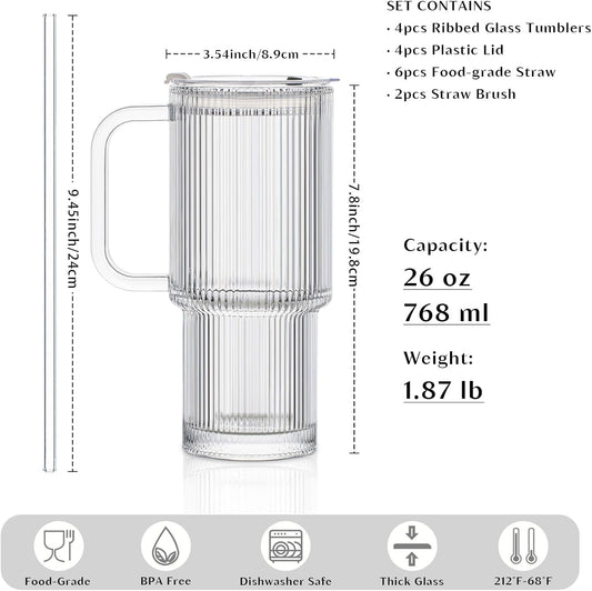 INSETLAN 26oz Ribbed Glass Tumbler with Handle & Lid – 4-Pack Large Iced Coffee Cups with Straws, Modern Glass Mug for Cold & Hot Beverages, Aesthetic Travel Cup for Smoothies, Tea, and Juice