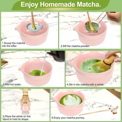 7 Pcs Matcha Whisk Set, Matcha Set with Ceramic Bowl, Whisk, Bamboo Spoon, Whisk Holder, Sifter, Scoop and Holder, Matcha Kit for Matcha Lover (Pink)
