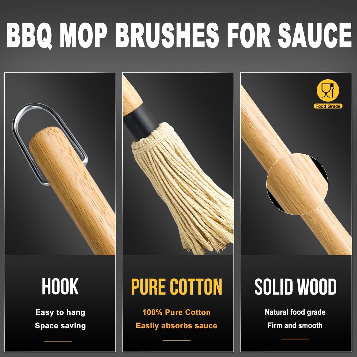 Walfos BBQ Mop Brushes for Sauce, Grilling Basting Mop Wooden Long Handle with 3 Heads, for Grilling, Barbecue, Smoking Steak (18")