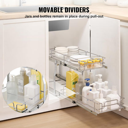 VEVOR Pull Out Cabinet Organizer, 12"W x 21"D Heavy Duty Slide Out Pantry Shelves, Chrome-Plated Steel Roll Out Drawers, Sliding Drawer Storage for Home, Inside Kitchen Cabinet, Bathroom, Under Sink