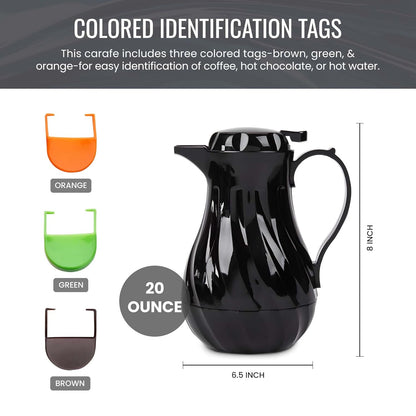 OCS Parts Easy Pour Thermal Coffee Carafe | 8-Inch Insulated Hot and Cold Beverage Pitcher Server for Coffee, Tea, Hot Chocolate and Water with Colored Tags for Easy Idenfication | 20-Ounce | Black
