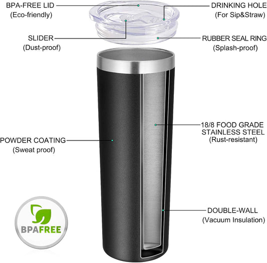 VEGOND Stainless Steel Tumblers Bulk 12 Pack, 20 oz Vacuum Insulated Skinny Tumblers with Lids and Straws, Double Wall Coffee Mug, Travel Water Cup, Black