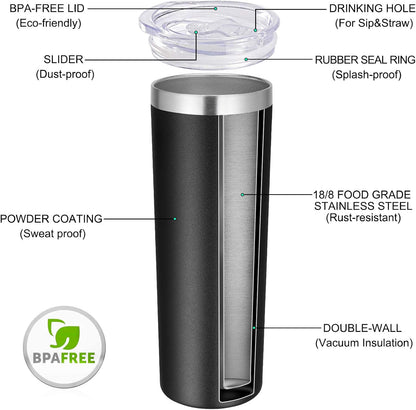 VEGOND Stainless Steel Skinny Tumbler, 20 oz Vacuum Insulated Tumbler with Lid and Straw, Double Wall Coffee Cup, Travel Mug for Cold Hot Drinks, Black 1 Pack