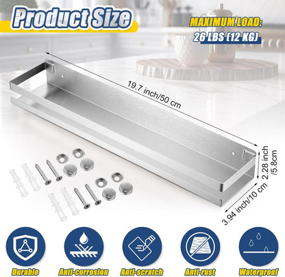 Lallisa 2 Pieces Stainless Steel Shelf Bathroom Shower Floating Shelves Wall Mounted Shower Caddy Basket Shelf Storage Organizer Shelves for Bathroom, Kitchen, Living Room(19.69 Inches/ 50 cm,Silver)