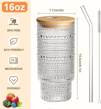 16OZ Glass Tumbler with Straw and Lid,Glass Cups with Lids and Straws,Ribbed Iced Coffee Cups Vintage Embossed Glassware for Juice Whiskey Cocktail Beer(4Pack)