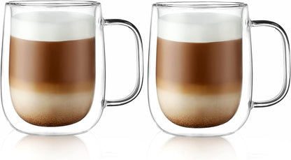CNGLASS Large Double Wall Glass Coffee Mug 15.2oz,Clear Insulated Glass Espresso Cup with Big Handle,set of 2