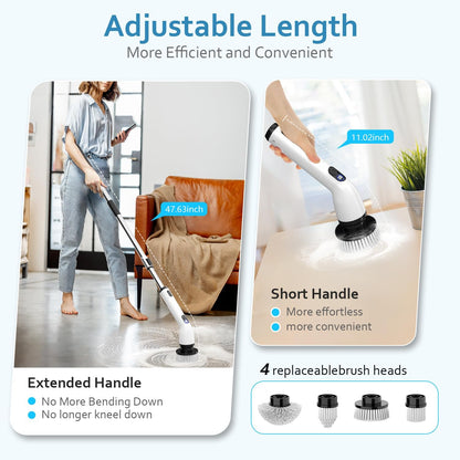 TUYU Electric Spin Scrubber, Full-Body IPX7 Waterproof Bathroom Scrubber with Power LCD Display, 8 Replacement Head, Adjustable Extension Handle, Cordless Shower Cleaner Brush for Bathtub Cleaning