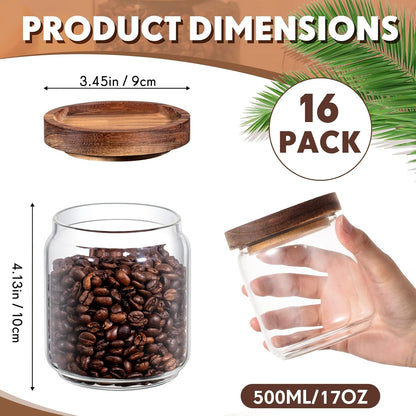 Irenare 16 Pcs 17 oz/ 500 ml Glass Canister Food Airtight Sealed Clear Borosilicate Glass Storage Jars with Lids Kitchen Spice Containers for Serving Coffee Sugar Tea Beans Candy Nuts Pantry (Wood)