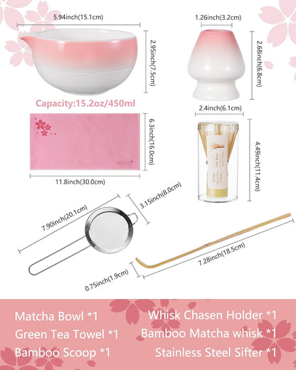 ZENS Pink Matcha Set, Matcha Whisk Set with 15oz Ceramic Bowl & (Chasen Holder), 6pcs Matcha Kit with Bamboo Scoop and Sifter, Tea Towel for Matcha Lovers