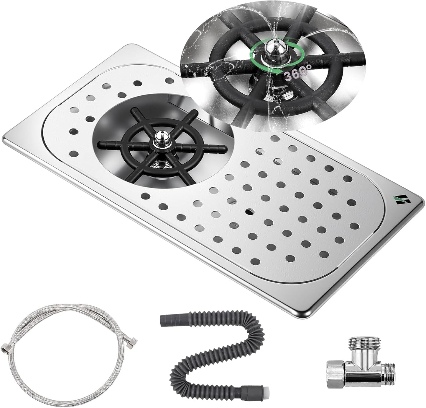 Huanyu Pitcher Rinser with 360 Degree Rotating High-Pressure Nozzle | Stainless Steel Glass Rinser with Drain and Drip Tray | Auto Cup Washer for Household and Commercial | 12.78×6.97×1.58 in