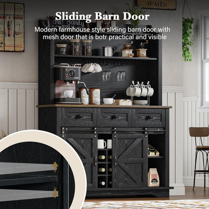 63 Inch Tall Coffee Bar Cabinet with 3-Tier Storage, Kitchen Hutch with 3 Drawers, Farmhouse Coffee Bar with 9 Racks & 3 Glass Holders, Wine Bar Cabinet for Living Dining Room, Black