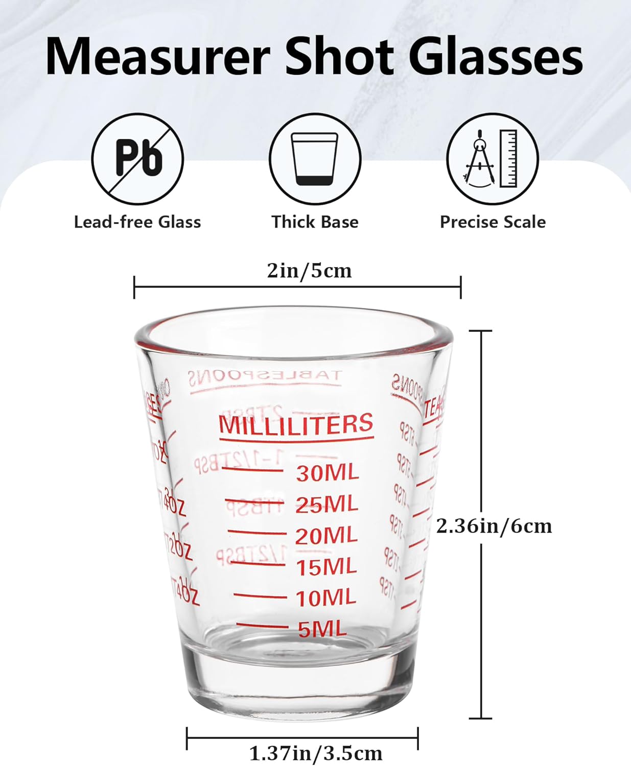 Shot Glasses Measuring Cup Set 6 Pack Espresso Shot Glasses Liquid Heavy Glass 26-Incremental Measurement 1 OZ,2 TBS,6 TSP,30 ML Kitchen Tools(Red)