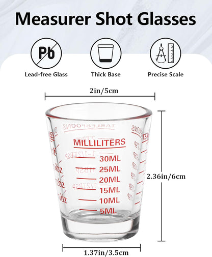 Shot Glasses Measuring Cup Set 2PACK Espresso Shot Glasses Liquid Heavy Glass 26-Incremental Measurement 1 OZ, 2 TBS, 6 TSP, 30 ML Kitchen Tools (RED&Black)