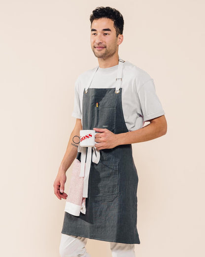 Caldo Linen Kitchen Apron for Cooking- Mens and Womens Linen Bib Apron for Professional Chef, Server, or Barista - Adjustable with Pockets (Slate)