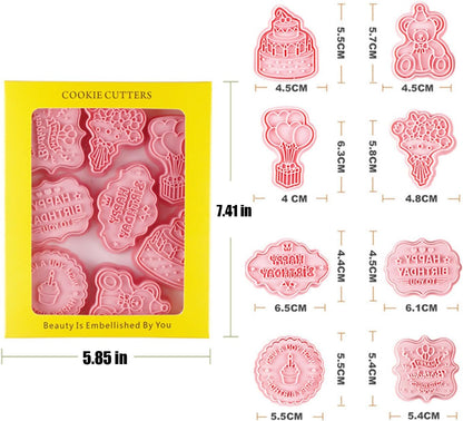 8PCS Happy Birthday Cookie Cutter Sets 3D Plastic Cookie Cutters with Plunger Stamps Pressable Biscuit Mold Cookie Molds Cake Baking Fondant Cutter Birthday Party DIY Cookie Decorating Supplies(C)