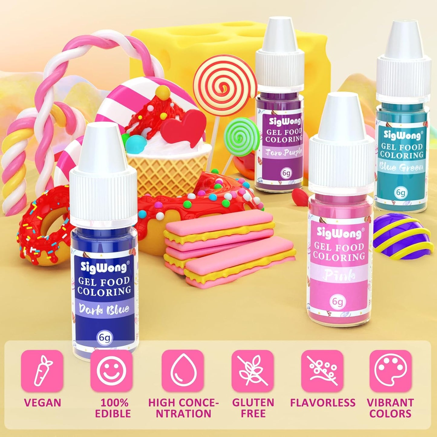 Gel Food Coloring Set - 21 Colors Tasteless Based Color Dye, Vibrant Edible Icing for Cake Cookie Decorating, Baking, Fondant, Frosting, Easter Eggs, with Gloves (6g/Bottle) Vegan