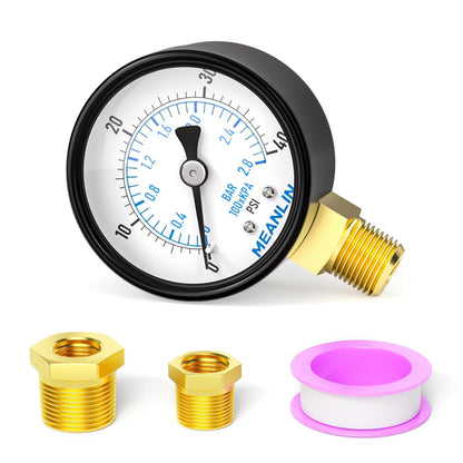 MEANLIN MEASURE 0-40Psi 2" DIAL FACE 1/4" NPT Well Pump Pressure Gauge, with 1/2" NPT and 3/8" NPT Hex Bushing, 3-2-3% Accuracy, Lower Mount