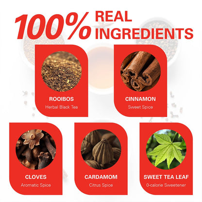 WT WEETEE Rooibos Chai Tea Bags, South African Red Tea with Cinnamon, Cloves, Cardamom, Natural Caffeine-free Herbal Tea, 50 Counts Spiced Rooibos Tea