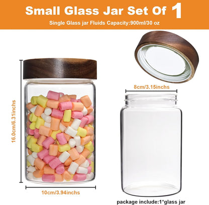 Glass Coffee Jars Spice Jar Round Storage Canister with Wooden Lid Clear Glass Food Jar for Pantry Sugar Tea Coffee Bean Spice Nuts Cookies Bath Salts (900ml/30oz-1 pack)