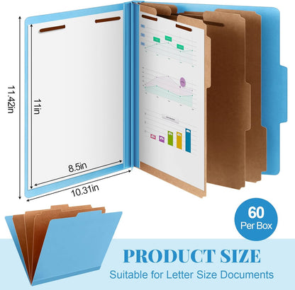 60 Pcs Classification Folders Letter Size, Back to School Supply for Teacher, Student, 3 Dividers Pressboard File Folder Bulk with 2 Fasteners, 3.5 Inch Expanding File Organizer (Blue)