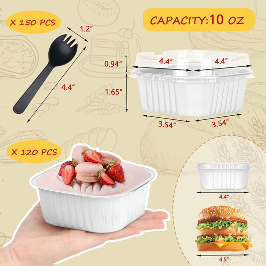 LNYZQUS 120pack/10oz Mini Cake Baking Pans with Lids, 4”X4” Small Cake Pan Foil Brownie Tins, Square Disposable Ramekins Cupcake Baking Cups Dessert Cheesecake Containers-White
