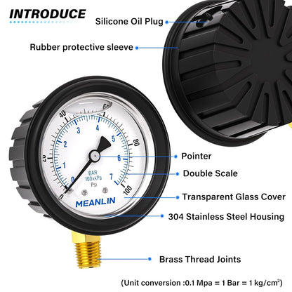 MEANLIN MEASURE 0~100Psi Stainless Steel 1/4" NPT 2.5" FACE DIAL Liquid Filled Pressure Gauge, Lower Mount (with Rubber Protective Sleeve), with 1/2" NPT and 3/8" NPT Hex Bushing