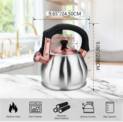 Stainless Steel Tea Kettle for Stove Top Teakettles Stovetop Whistling with Heat Proof Ergonomic Handle 2.5 Quart