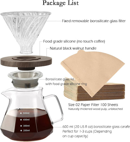 Pour Over Coffee Maker, 20 oz Borosilicate Glass Carafe with 100 pcs V60 Paper Filter by Gsform, Walnut Handle & Glass Lid, Drip Coffee Maker for Home Café Restaurant Camping, 600 ml, Clear
