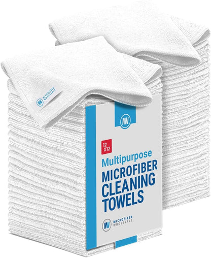 12" x 12" Microfiber Cleaning Cloths (50 Pack) - Reusable Towels, Wash Rags, Dust Cloth, All-Purpose: Kitchen, Dish, Cars, Shop, Glass (White)