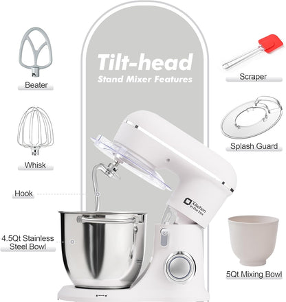 Kitchen in the box Stand Mixer, 5QT+4.5QT Two bowls Electric Food Mixer, 10 Speeds 3-IN-1 Kitchen Mixer for Daily Use with Egg Whisk,Dough Hook,Flat Beater (Frost White, 5QT)