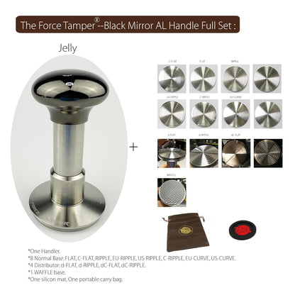 The Force Tamper Automatic Impact Adjustable Constant Pressure and Autoleveling Coffee Tamper Black Mirror Jellyfish AL Handle Set Pro (Full-Set, 58.50mm)