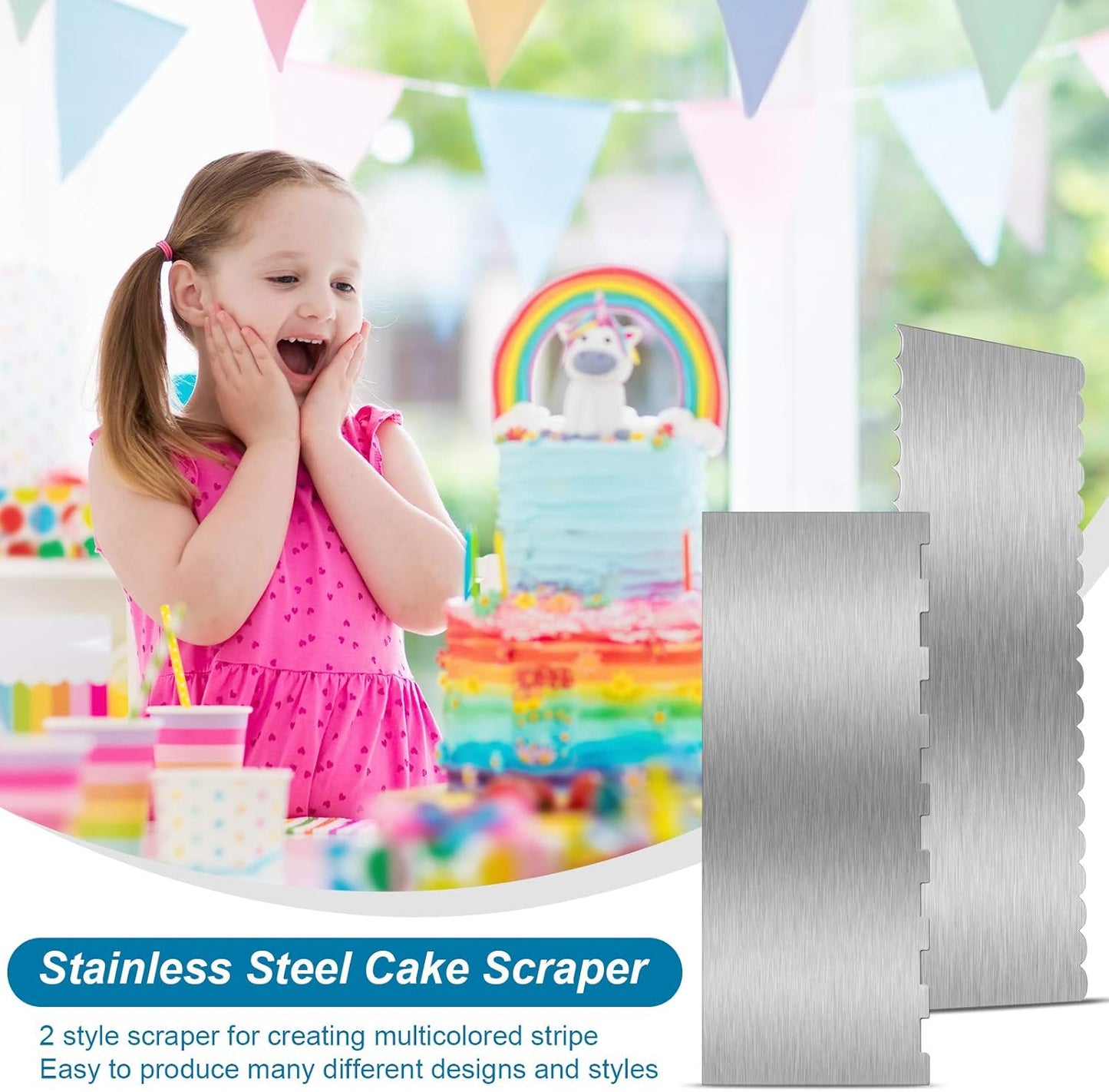 2 Pieces Stainless Steel Cake Scraper Large Double Sided Patterned Edge Stripe Edge Smoother Scraper Cake Decorating Comb Pastry Cutter for Mousse Butter Cream Decoration(9 x 3.4 Inches)