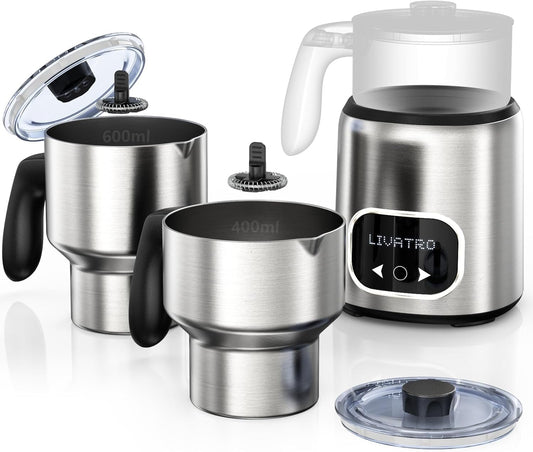 14-in-1 Electric Milk Frother and Steamer with Dual Detachable Cups (21oz & 13.5oz), IH Fast Heating Milk Warmer for Lattes/Cappuccinos/Hot Chocolate, Smart Memory, Dishwasher Safe