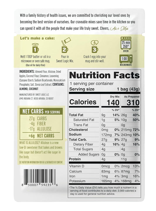 Sweet Logic Keto Dessert Mug Cake Mixes - Apple Cinnamon Muffin - Low Sugar Gluten-Free - Low Carb - Diabetic-Friendly Sweets - Natural Ingredients - High Protein - Delicious Keto Treats (4 Pack)