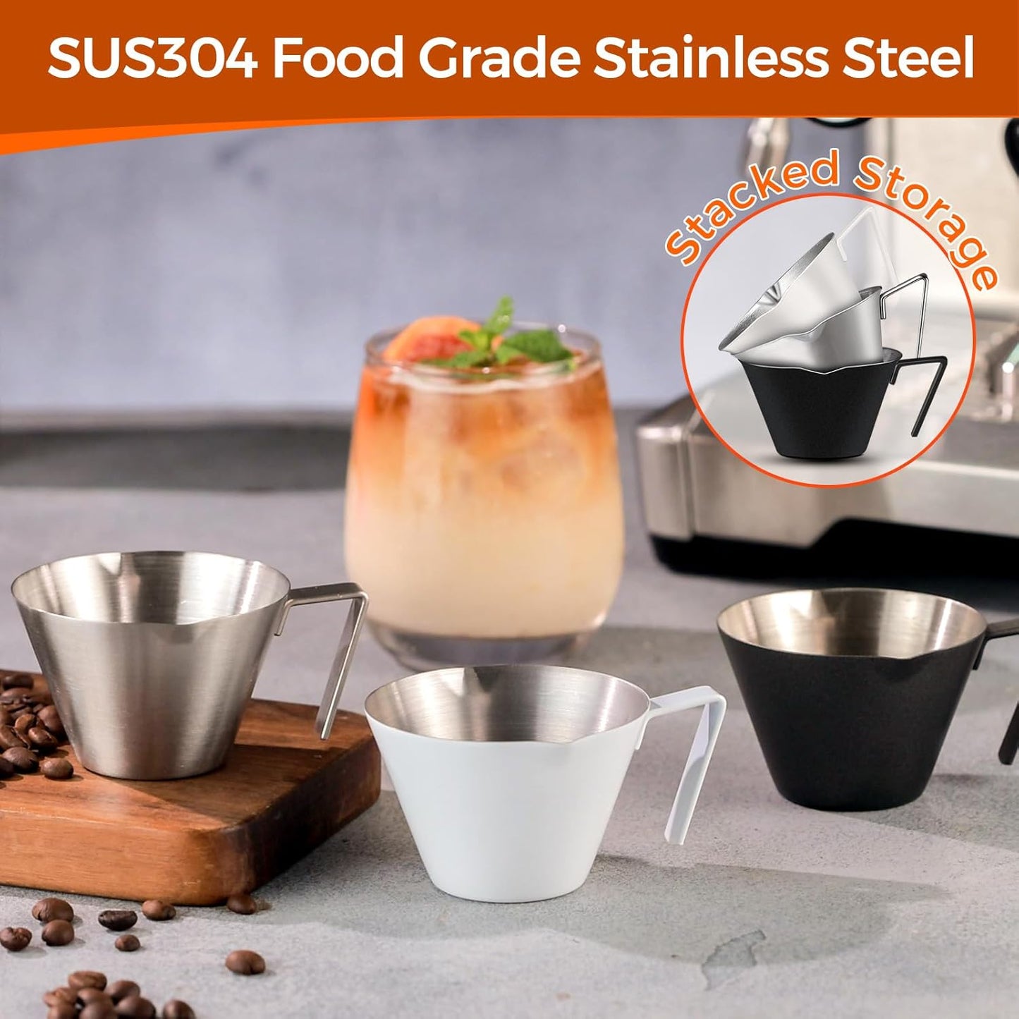 YARRAMATE Stainless Steel Espresso Shot Cup, Double Spout Metal Espresso Measuring Cup with V-Shaped Mouth, Espresso Accessories, 3.4OZ/100ML (Black)