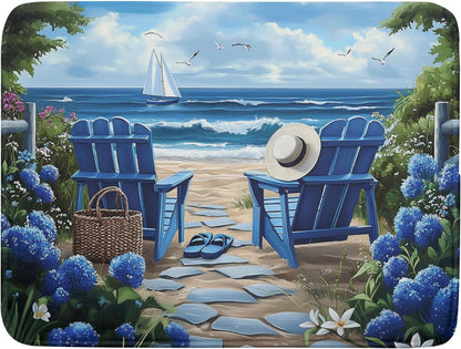 Summer Beach Chairs Dish Drying Mat Sea Wave Blue Floral Drying Mat fo Kitchen Counter 16”x18” Absorbent Reversible Kitchen Mat Non-Slip Ocean Themed Dish Drainer Rack Mat for Countertop Coffee Bar