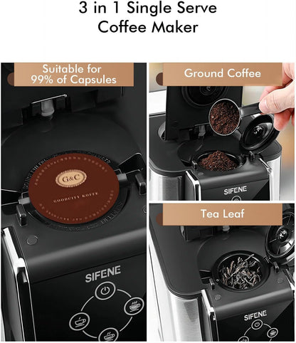 SIFENE Single Serve Coffee Maker, 3-in-1 Quick Brew for Coffee Pods, Ground Coffee, & Loose Tea, 6-12oz Cup Sizes, 50oz Removable Water Tank, 1150W, Compact, Black