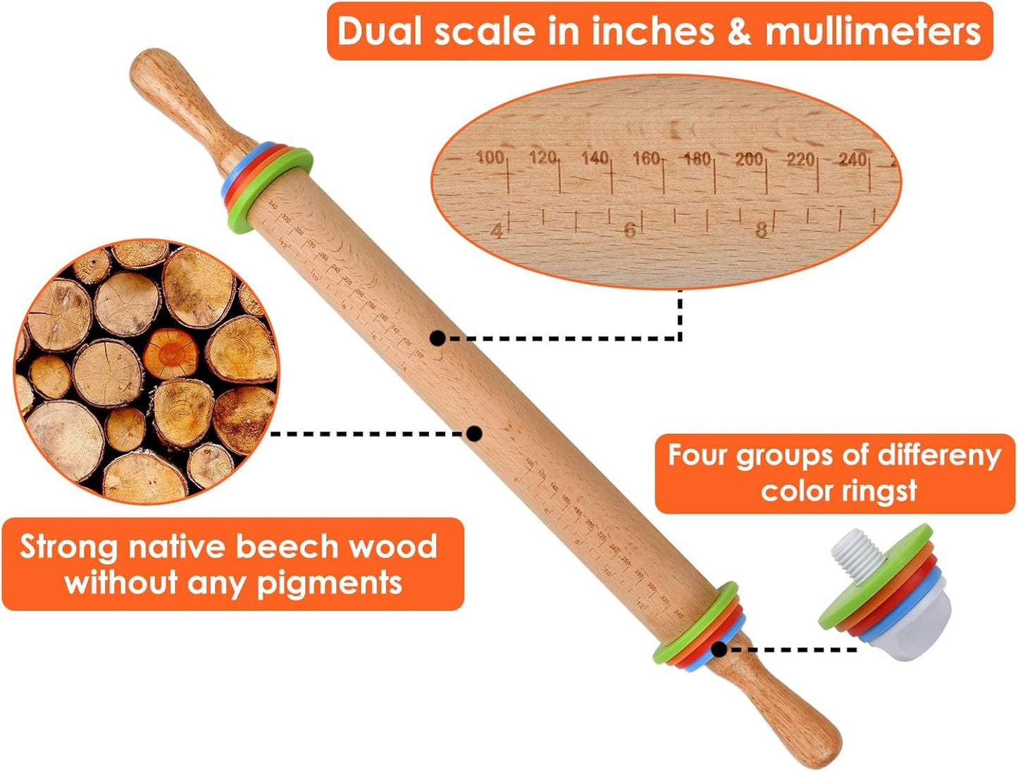 Rolling Pin with 4 Adjustable Thickness Rings and Long Handle 13.6 Inch Wooden Dough Roller for Baking, Dough, Cookie, Cake, Fondant, Pizza and Pie Crust